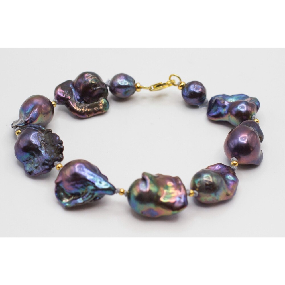 Black Baroque Pearl Bracelet, Handknotted 925 Sterling Silver Gold Plated